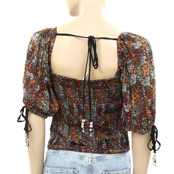 Free People Back On Crop Top Smocked Puff Sleeves Floral Printed S - Picture 6 of 8
